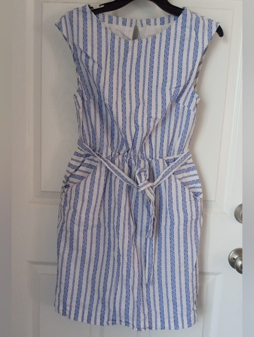 Merona Blue and White Striped Tie-Waist Midi Dress